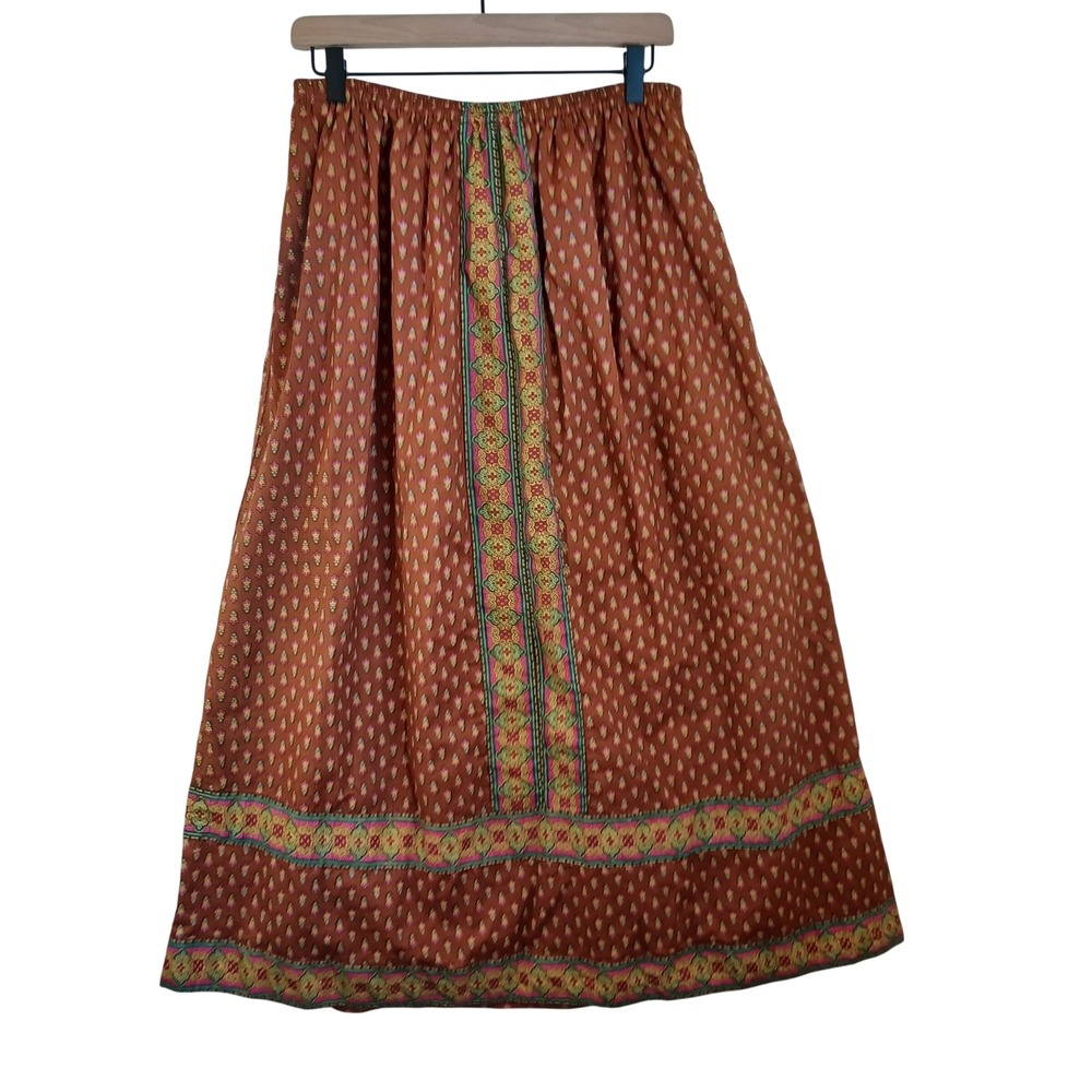 April Cornell Bohemian Copper Brown Geometric Border Print Maxi Skirt Pockets XS